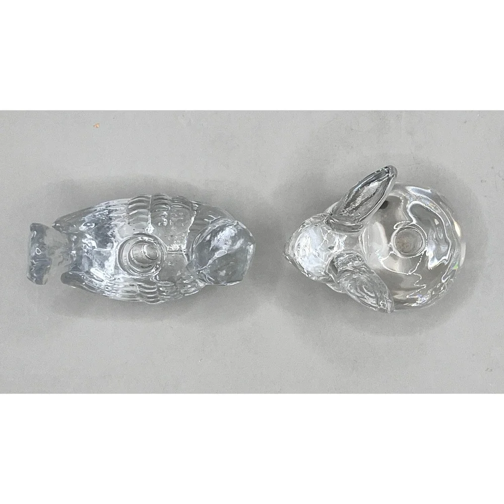 Set of 2 Clear Art Glass Small Taper‎ Candlestick Holders - Rabbit & Bird 2.25